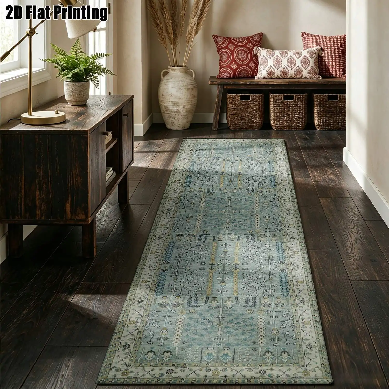 1Pc 2D Printed Long Strip Rug with Blue-Green Geometric Patterns Nordic, Instagram, Modern Minimalist, European, Vintage Style, Ideal for Home Decor, Multiple Sizes, Machine Washable, Perfect for Entryway, Hallway, Living Room, Bedroom.