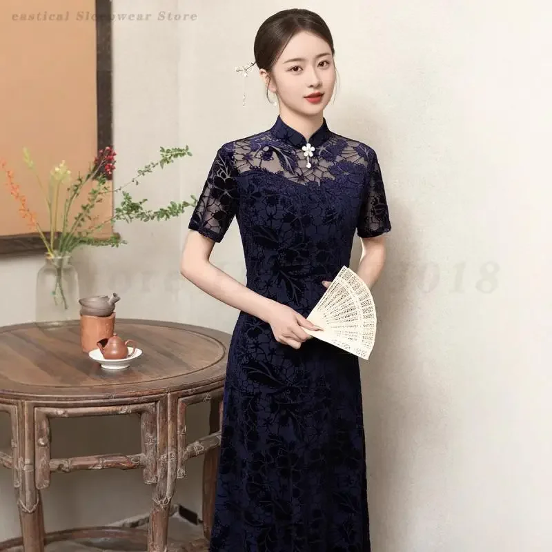 

Vintage Lace Cheongsams Women Improved New Chinese Style Dresses Mandarin Collar Qipao Big Size 5XL Vestidos Summer Banquet Gown