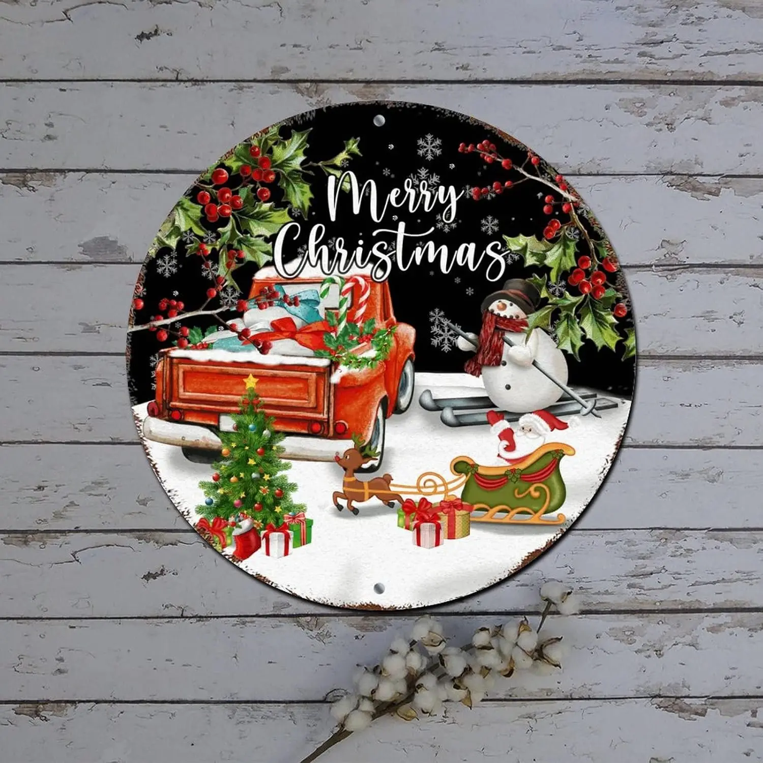 Christmas Wreath Signs Vintage Red Truck Snowman Holly Round Metal Tin Sign Christmas Joy Decor Shabby Metal Sign for Courtyard