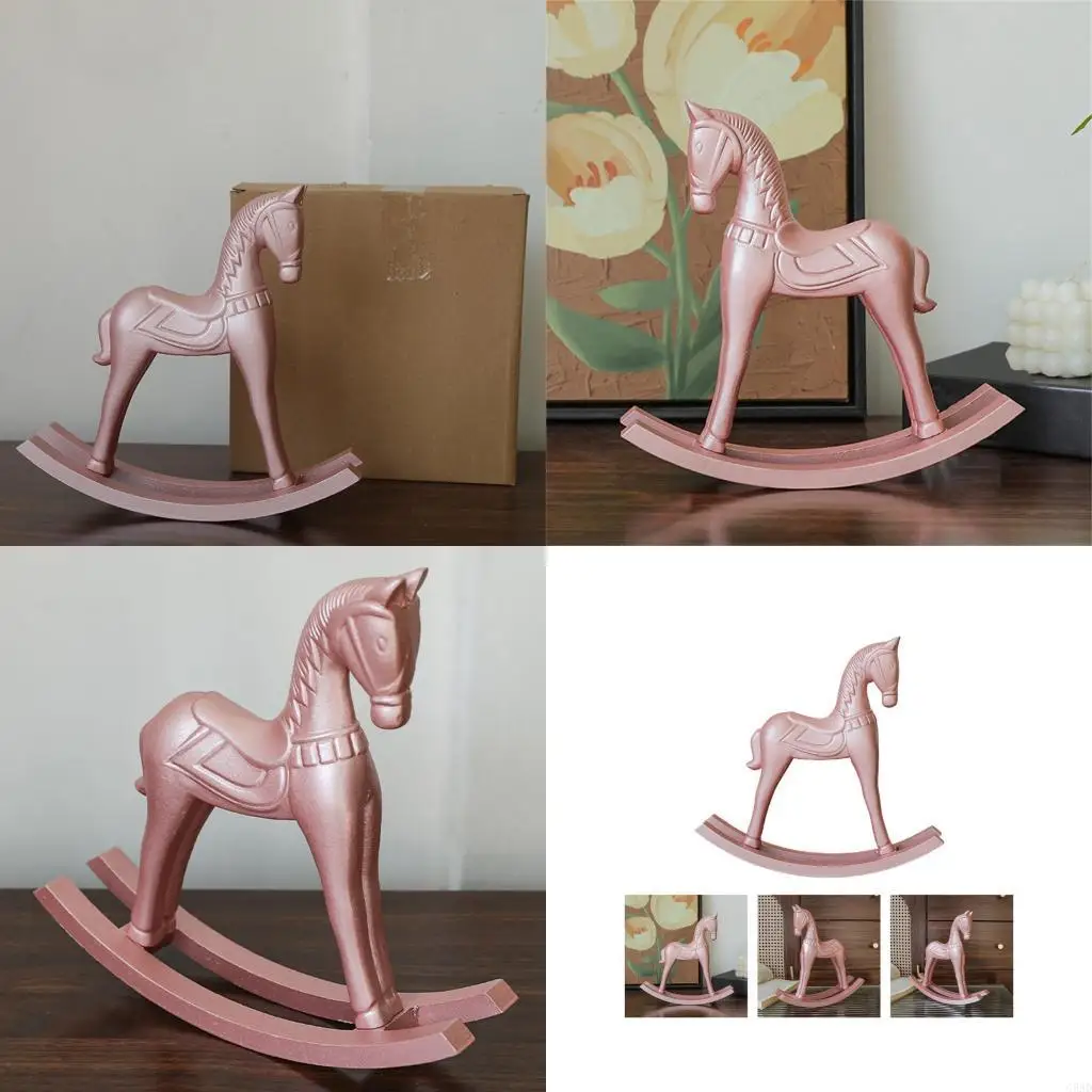 

Vintage Pink Rocking Horse Miniature Figurine Wooden Carving Ornament Nontoxic for Playroom Or Bookshelves Decoration C5AD
