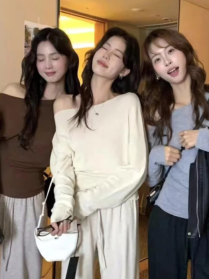 

Loose Knitted oulder Bared ort T irt for Women Spring Commute Sle Medium Thin Breathable Comfortable Inner Wear