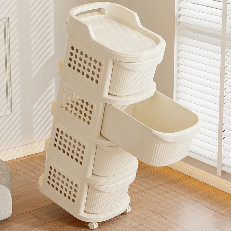 

PP Cream-Style Rolling Cart Tiered Floor Snack Organizer Stable Pegboard Storage Cabinet Movable Toy Storage Rack