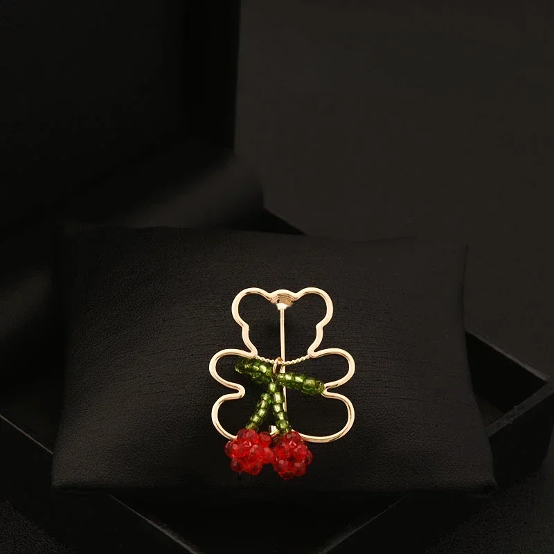 Fashion Cute Cherry Bear Brooch Women Cartoon Chest Shirt Sweater Hollow High Sense Fixing Neckline Pin Buckle Jewelry Gift 6119