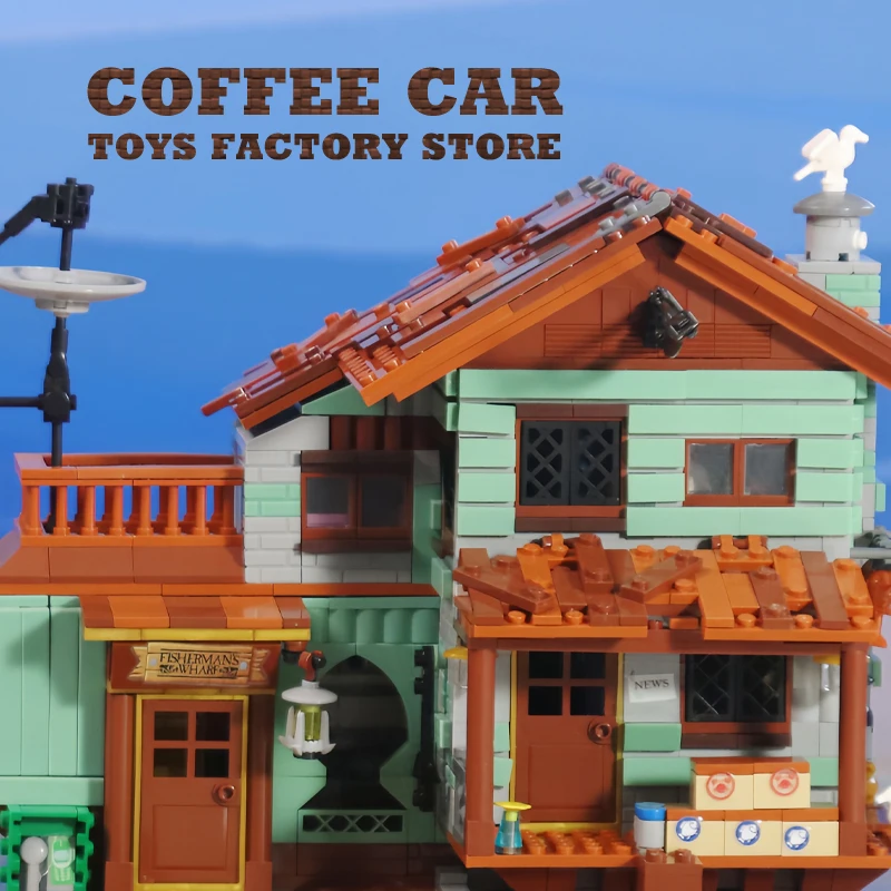 Villaggio di pesca cabina casa Micro mattoni modello negozio di pescatori mattoni MOC set City View Wharf Building Toys regali per bambini adulti