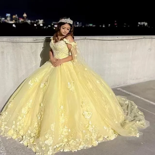 ANGELSBRIDEP Желтое бальное платье Мексиканские платья Quinceanera с накидкой и кружевными аппликациями Sweet 16, платье, платья de 15 anos по индивидуальному заказу