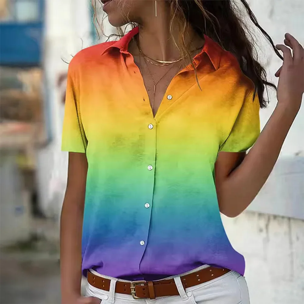 Rainbow Gradient 3D Print Women's Shirts Casual Lapel Button-Down Single-Breasted Button Shirts Summer Short Sleeve Blouses Tops