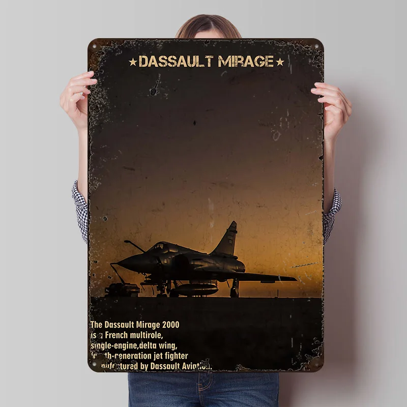 Dassault Mirage 2000 Jet Fighter Printed Poster Customized Retro Wall Art Vintage Metal Tin Signs for Office Decoration Room