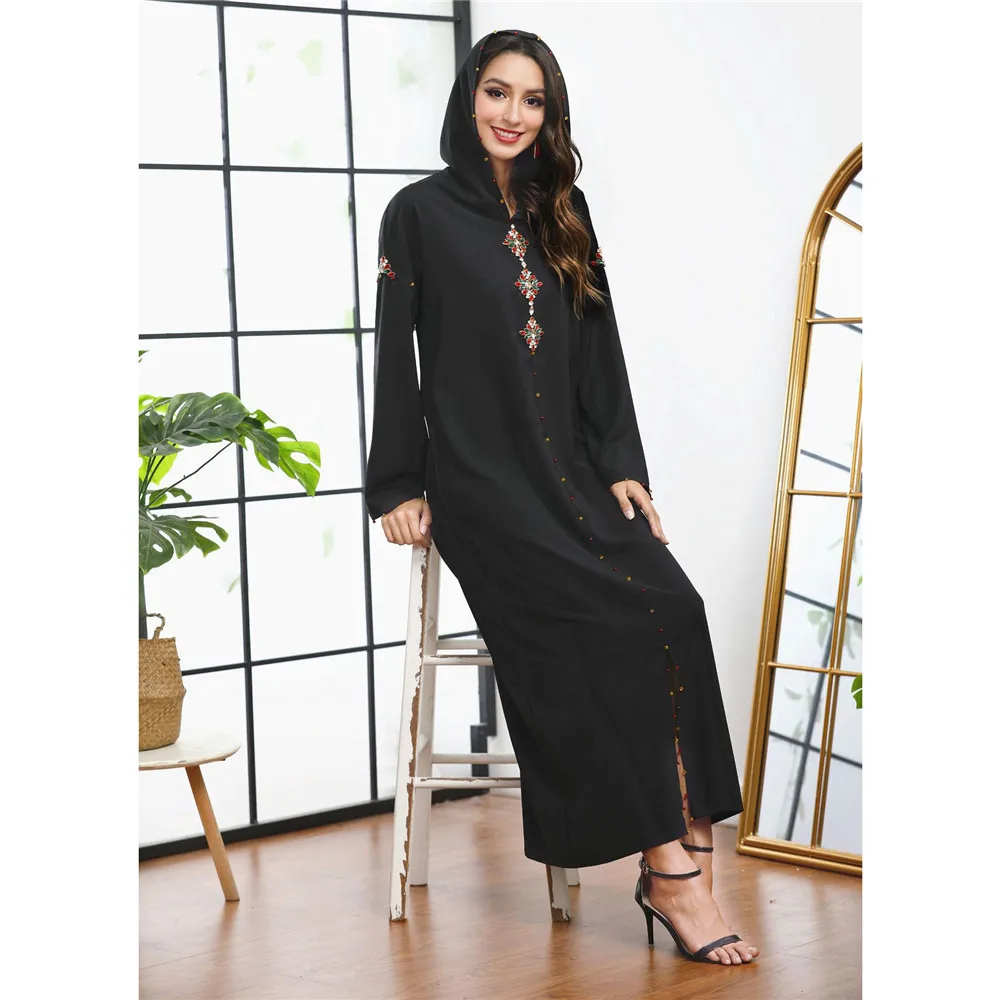 

Eid Mubarak Diamonds Abaya Women Hooded Maxi Dress Dubai Turkey Kaftan Marocco Gulf Jalabiya Islamic Clothing Caftan Robe Femme