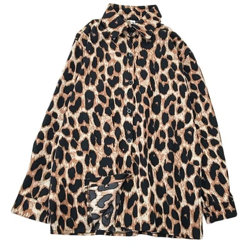 Street Casual Leopard Print Shirt Tops Women's Polo Neck Long Sleeve Loose All-match Fashion Blouse Vintage Trend Women Clothing