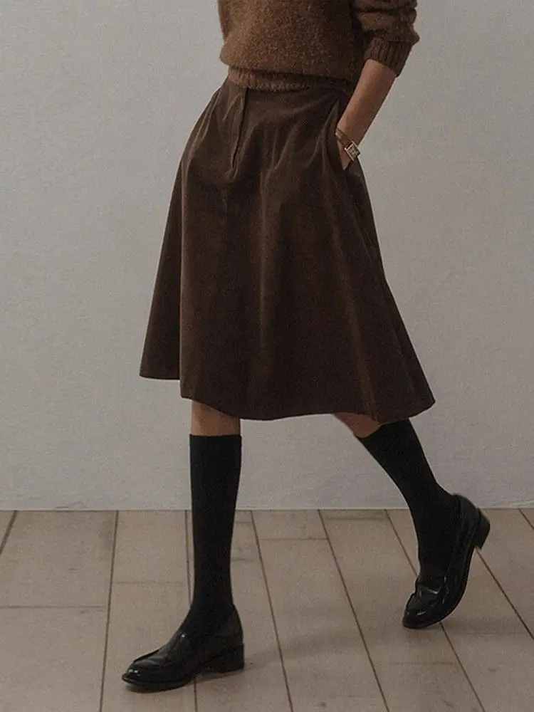 Women'S Fall/Winter New Arrival Oversized High-Waisted A-Line Midi Skirt With Retro Flannel Fabric
