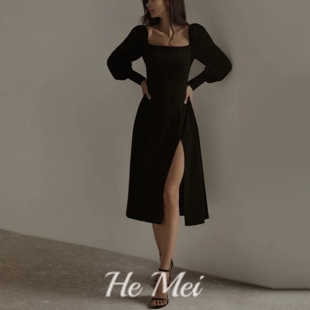 

Elegant Prom Dress For Women Square Collar Long Sleeve A Line Evening Gowns Mid Calf Length Simple Party Dresses فساتين السهرة