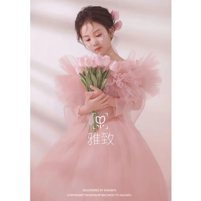 New Pink Children's Dress Girls' Princess Dress Wedding Photography2023Spring Dress Studio Clothing New