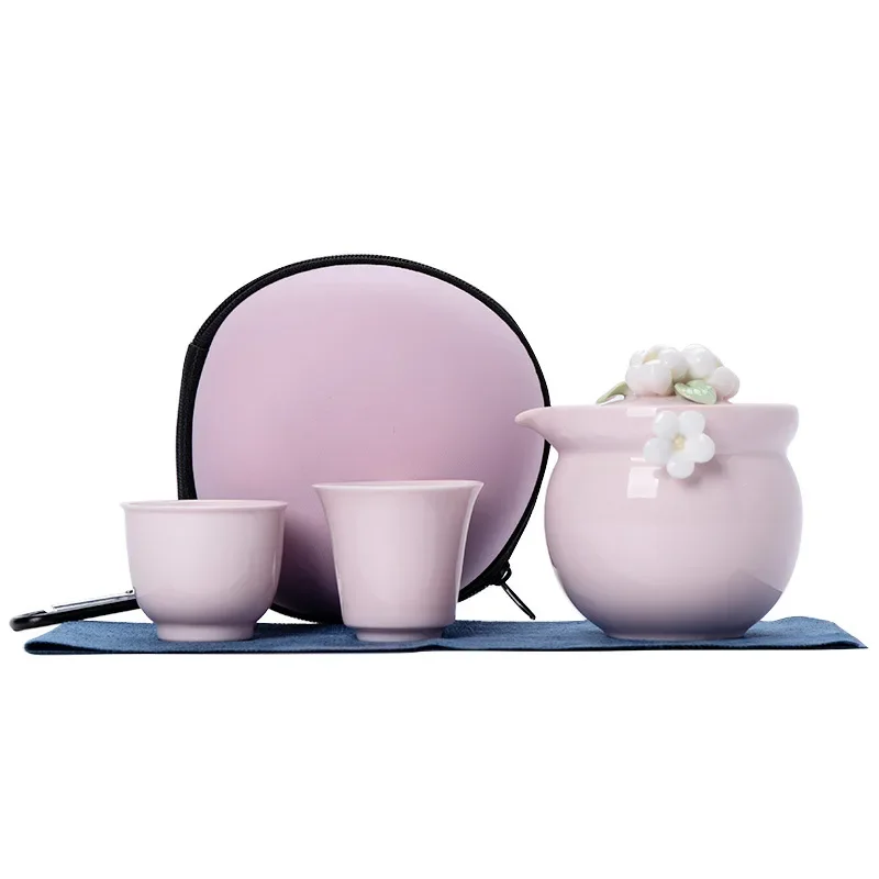 Quick Cup Pink Cultural Creative Travel and Camping Outdoor Portable Storage Bag Kung Fu Tea Set Female Handmade Flower Teapot