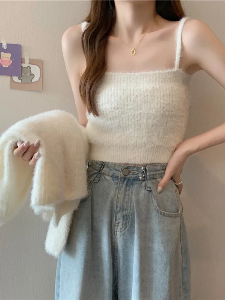 Korea Two Pieces Set Cardigan Women Sweet Solid Color Long Sleeve Knitted Sweater Sleeveless Strap Vest Woman Simple Soft Tops