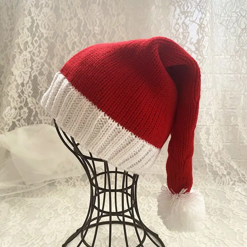 Knitted Red Christmas Hat, Xmas Ball Hat, Santa, Adult, Child, New Year Decorations