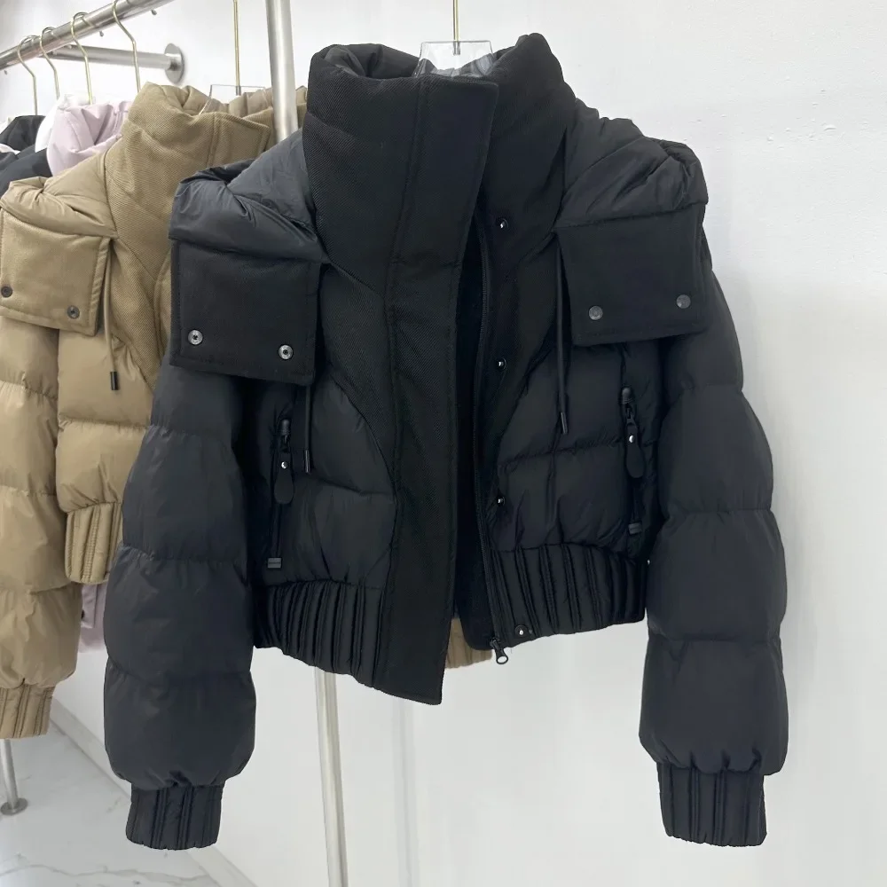 Light Down Jacket Black White Warm Short White Down Coat Thick Women Long Sleeve Feather Hooded Outfit Waist Puffer Jacket Lady