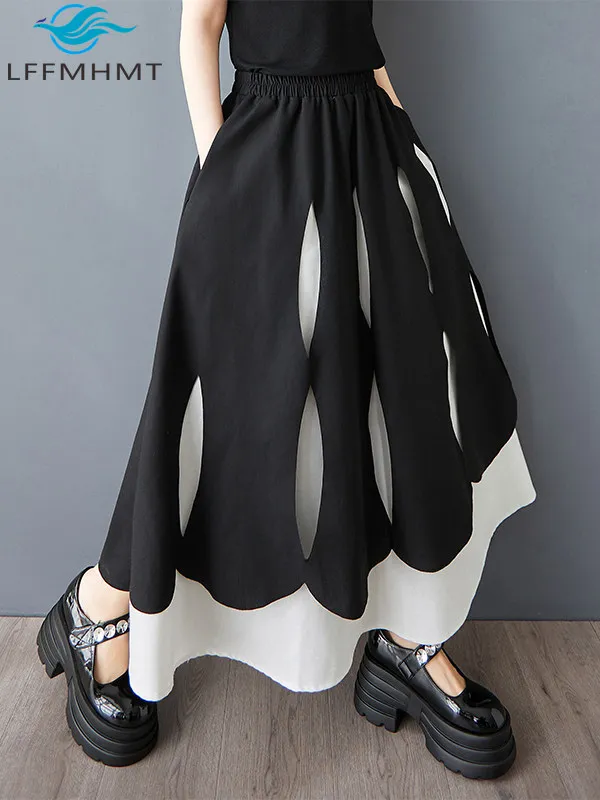 Women Spring Summer Spliced A Line Midi Skirt High Waist Loose Retro Street Style Casual Flowy Dress