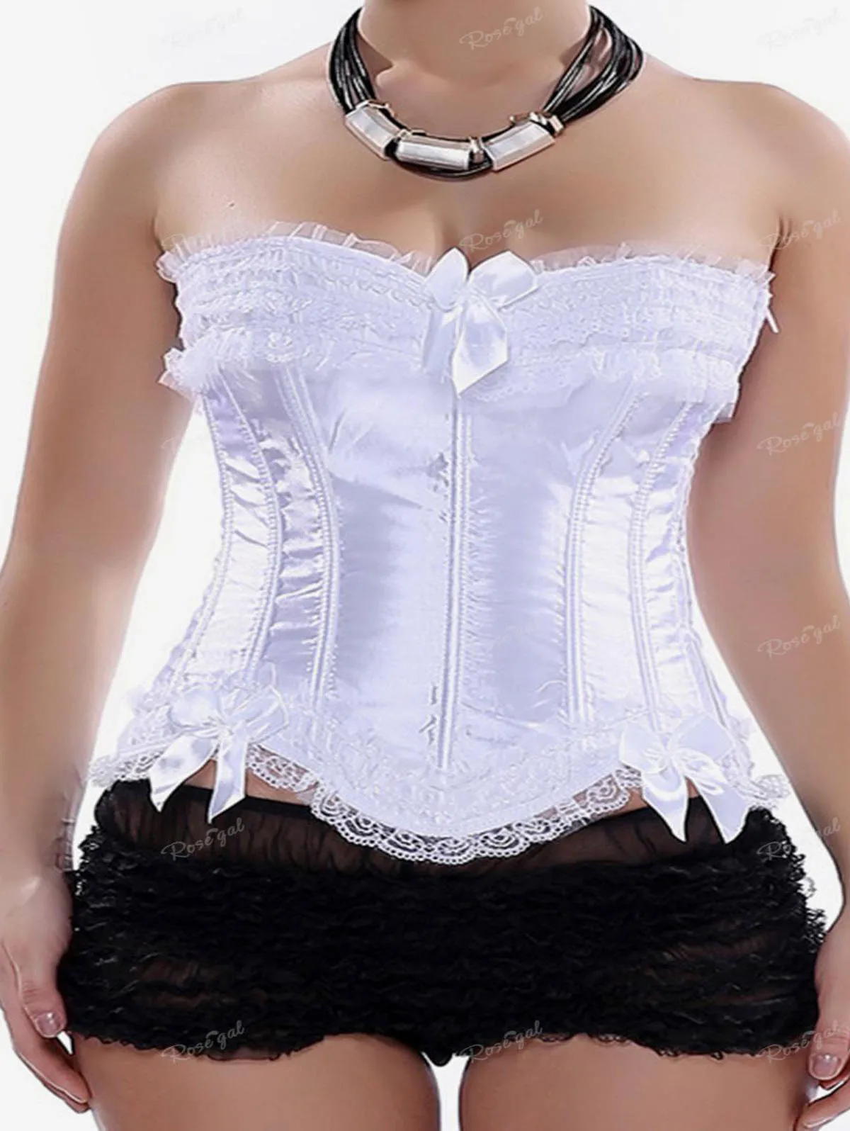 ROSEGAL Plus Size Frilled Bowknot Lace-up Boning Corset, Black White Victorian Sexy Lingerie Bustier Corselet, Overbust M-6XL