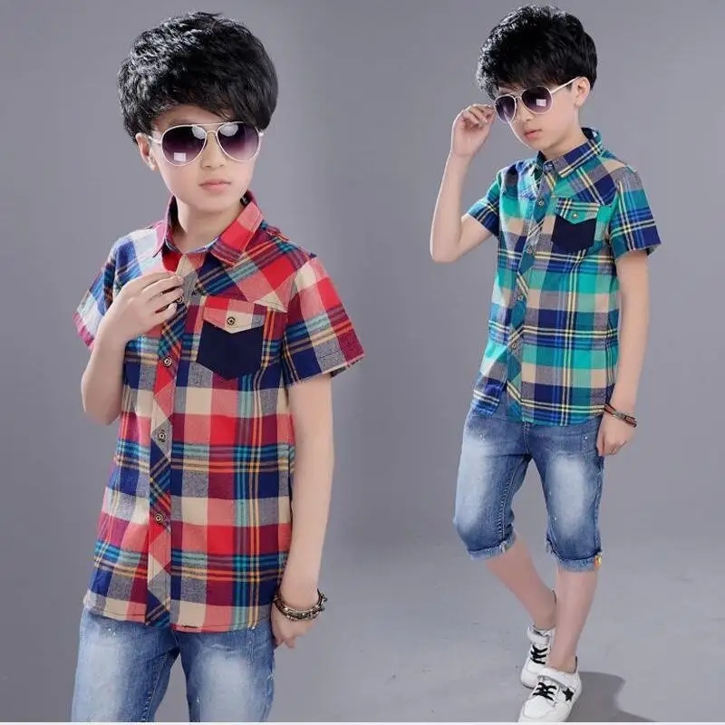 

New Summer Toddler Boys Shirts Kids Short Sleeve Plaid Casual Shirts for Boys Fashion Clothes Children Quality Cotton Tops