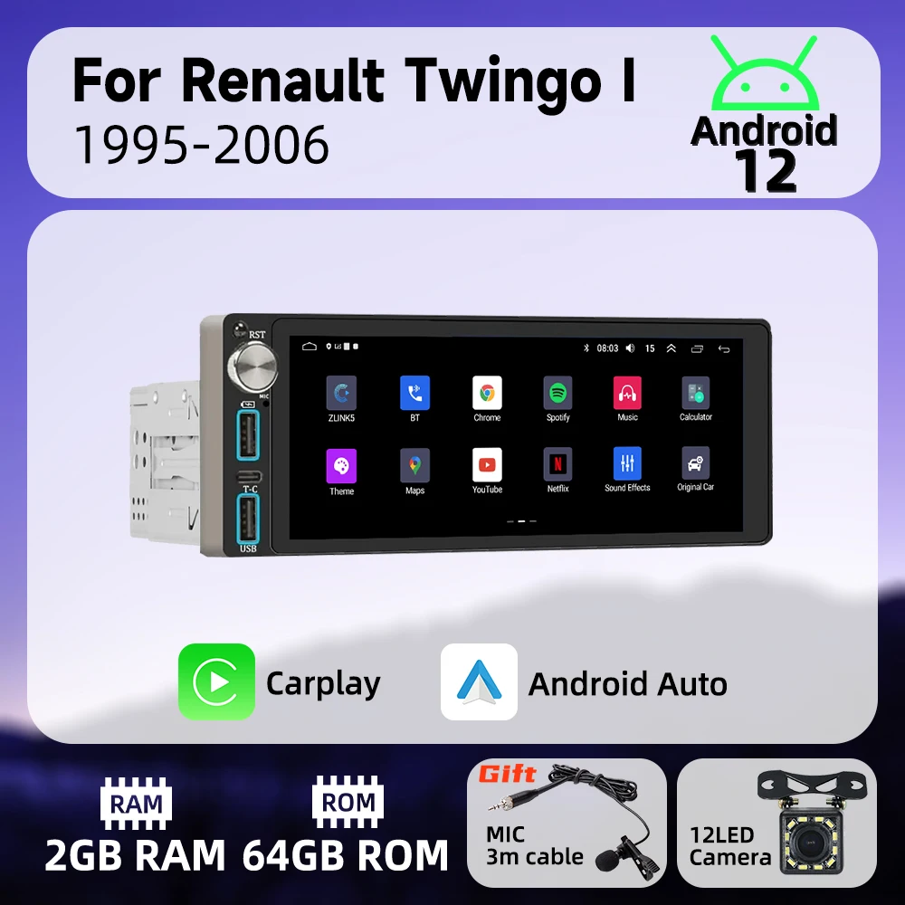 

6,86 "экран Carplay 1 Din радио Android автомобильный мультимедиа для Renault Twingo I 1995-2006 стерео головное устройство GPS-навигация авторадио