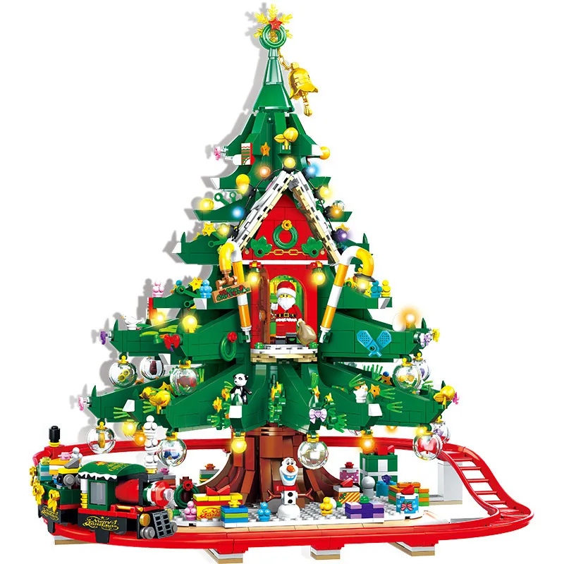 2025Large Christmas Tree House Building Blocks Street View Model Bricks,With LED Lights Train Assembly Building Blocks Toy Gifts