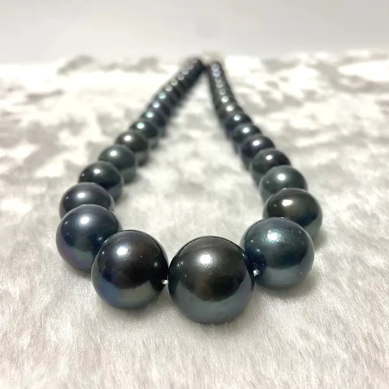 Huge 12-16mm Natural Black Peacock Pearl Necklace, Slightly Imperfect, 925 Sterling Silver Romantic Jewelry