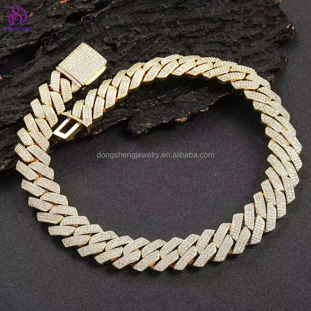 

Hip Hop Jewelry 14k 18k Plating Gold Luxury Necklace 925 Sterling Silver 18mm 20mm 3 Rows Vvs Moissanite Diamond Cuban Chain