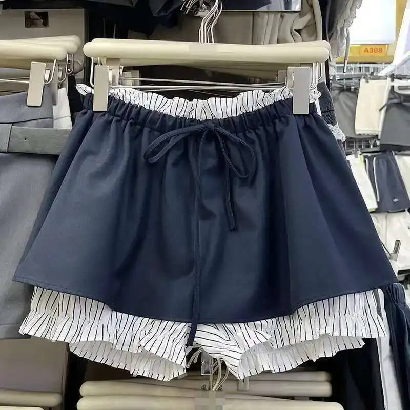 Elastic Waist Striped Spliced Casual Wide Leg Pants Women Loose All-match Black Short Trousers Summer New Tide