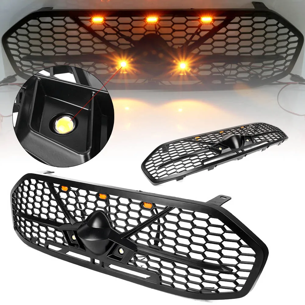 

Car Front Radiator Mesh Grille Exterior Moulding Grill w/ Amber LED Lights For Ford Everest 2015 2016 2017 Black ABS