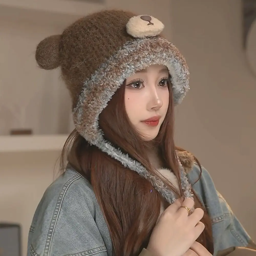 New Cute Bear Beanie Hat Can Be Used As Bag Warm Bucket Hat Thickened Wool Knitted Cap