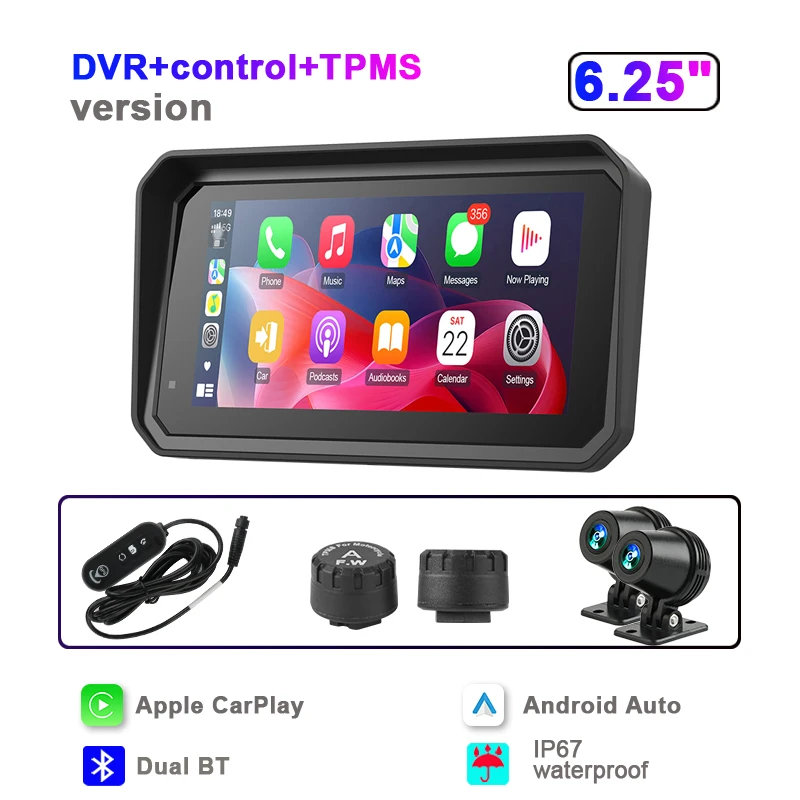 JMCQ Draagbare 6.25 inch Motorfiets GPS Navigatie IPX7 Waterdichte Draadloze CarPlay Android Auto Drive Recorder Ondersteuning 4K DVR