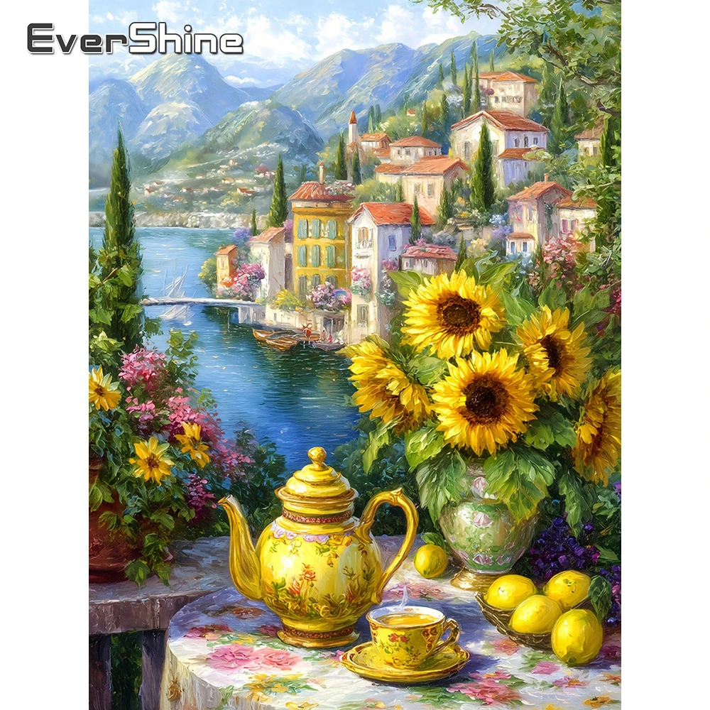 EverShine Vollflächiges Diamant-Malerei-Set: Landschaft mit Haus, DIY-Bild, Mosaik, Sonnenblume, Strass-Stickerei, Berg-Wanddekoration