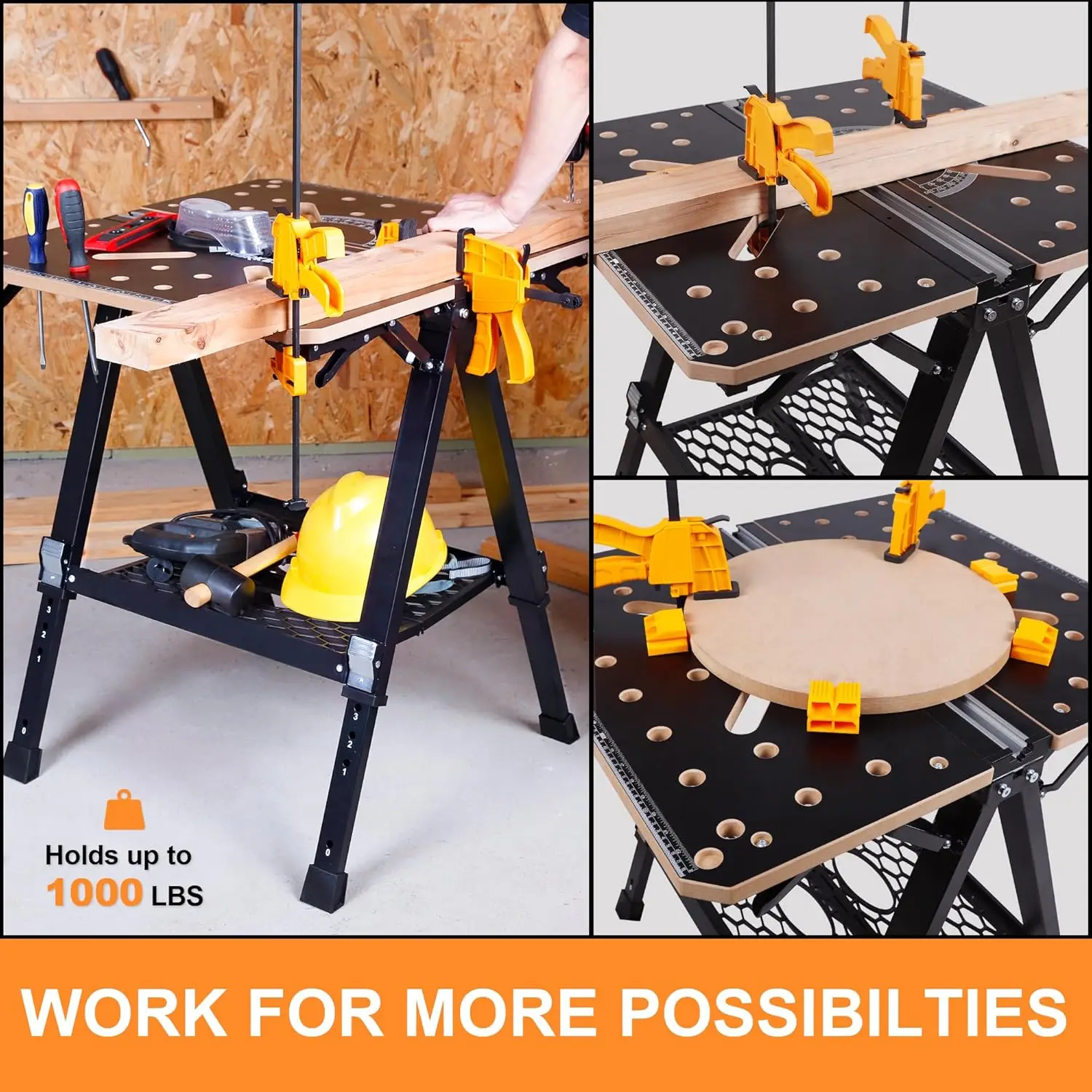 Table de travail pliante portable avec capacité de 1000lb, réglable de 23.6 à 36 pouces, recommandée avec 2 pinces rapides
