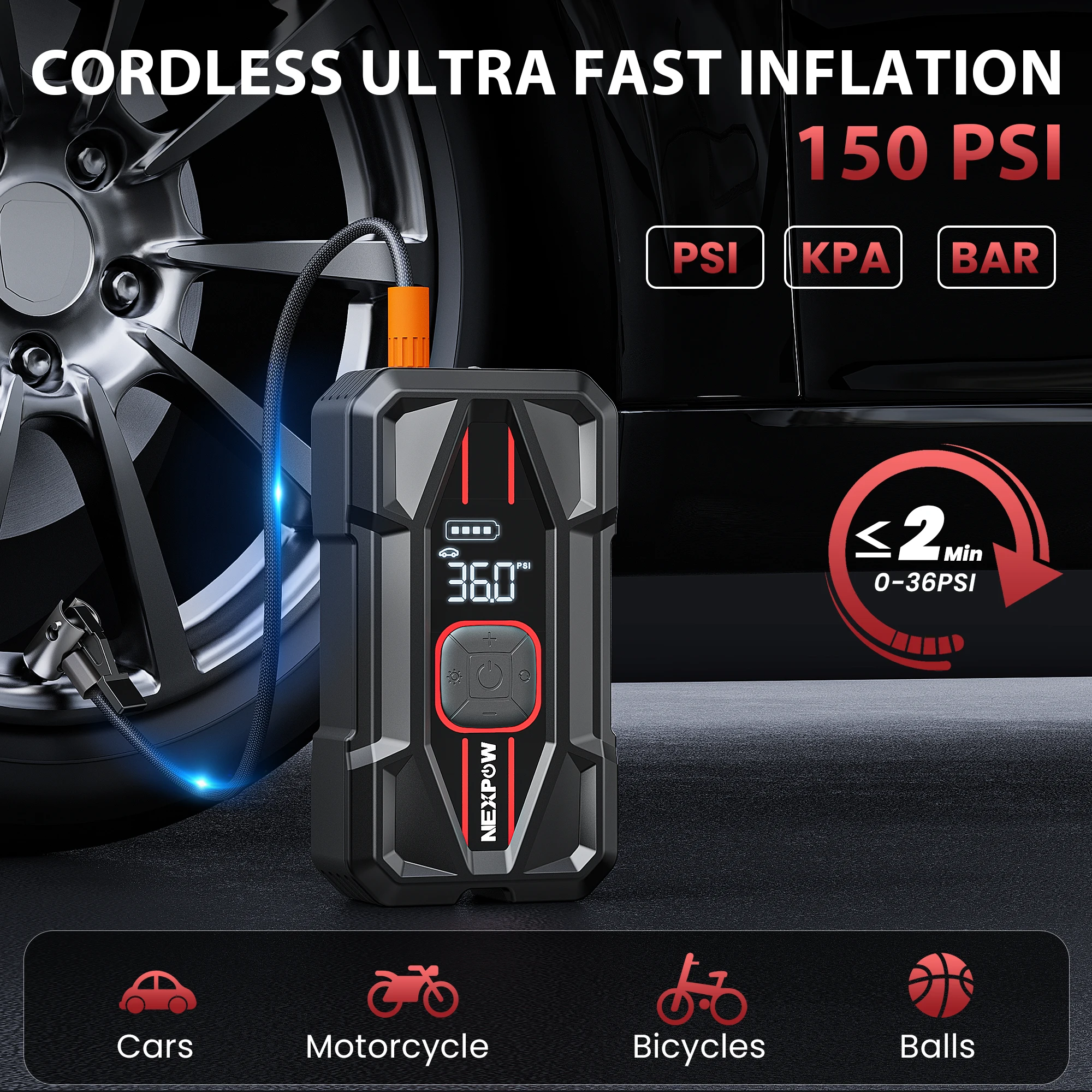 NEXPOW 3000A Car Jump Starter وضاغط الهواء - معزز بطارية محمول 12 فولت 59.2 وات في الساعة مع شحن سريع PD 30 وات، مضخة هواء 150 رطل لكل بوصة مربعة، S
