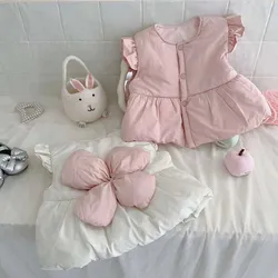 2024 New Bow Warm Girls Down Cotton Vest Coat Children's Thick Sweet Autumn Winter Fashionable and Sweet Cotton Back Heart Coat