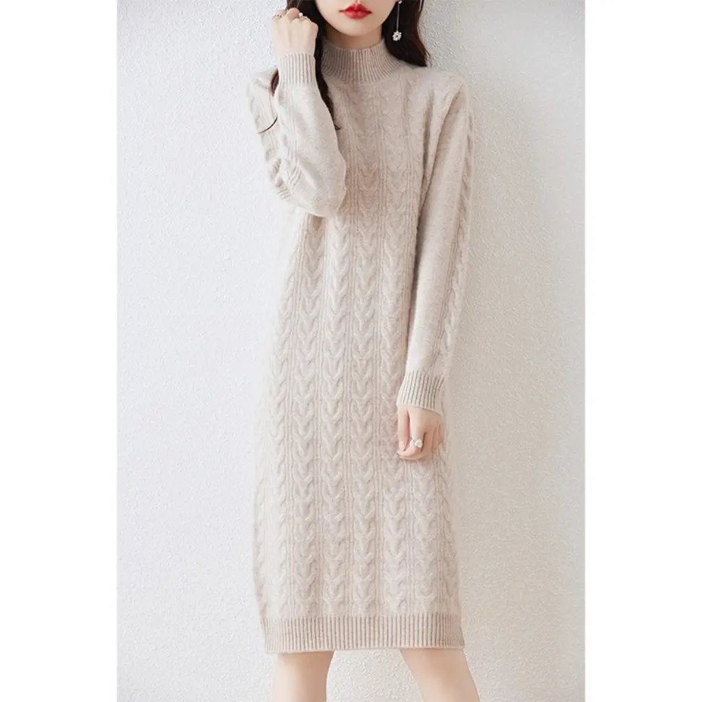 

Women's Thickened Knitted Sweater Dress 100% Wool Lined Half-height Collar Over-the-Knee Bottoming for Autumn Winter