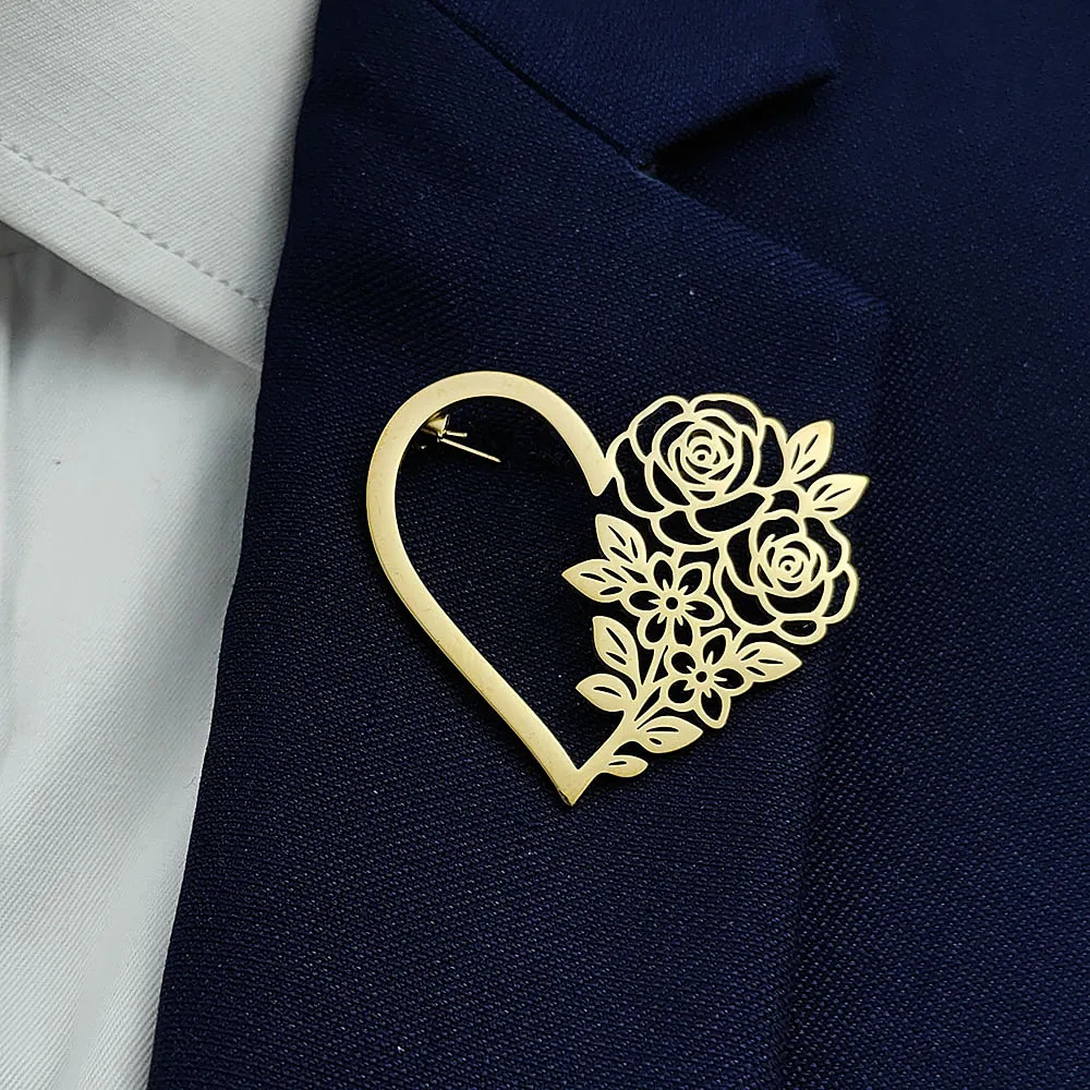 316L Stainless Steel Plated 18K Gold Heart‑Rose Brooch Lapel Pin for Jacket Backpack Unisex Jewelry Gift