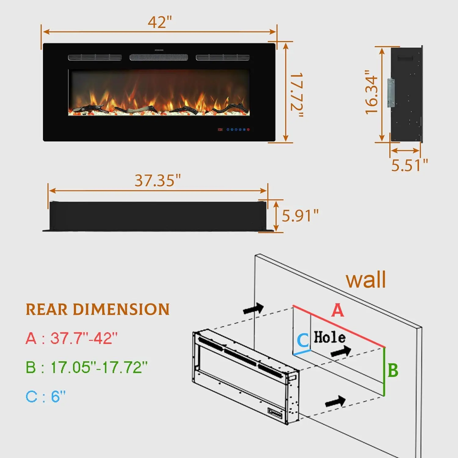 Inserciones de chimenea eléctrica, calentador de chimenea empotrado y montado en la pared, chimenea lineal con termostato, control remoto, 42 pulgadas