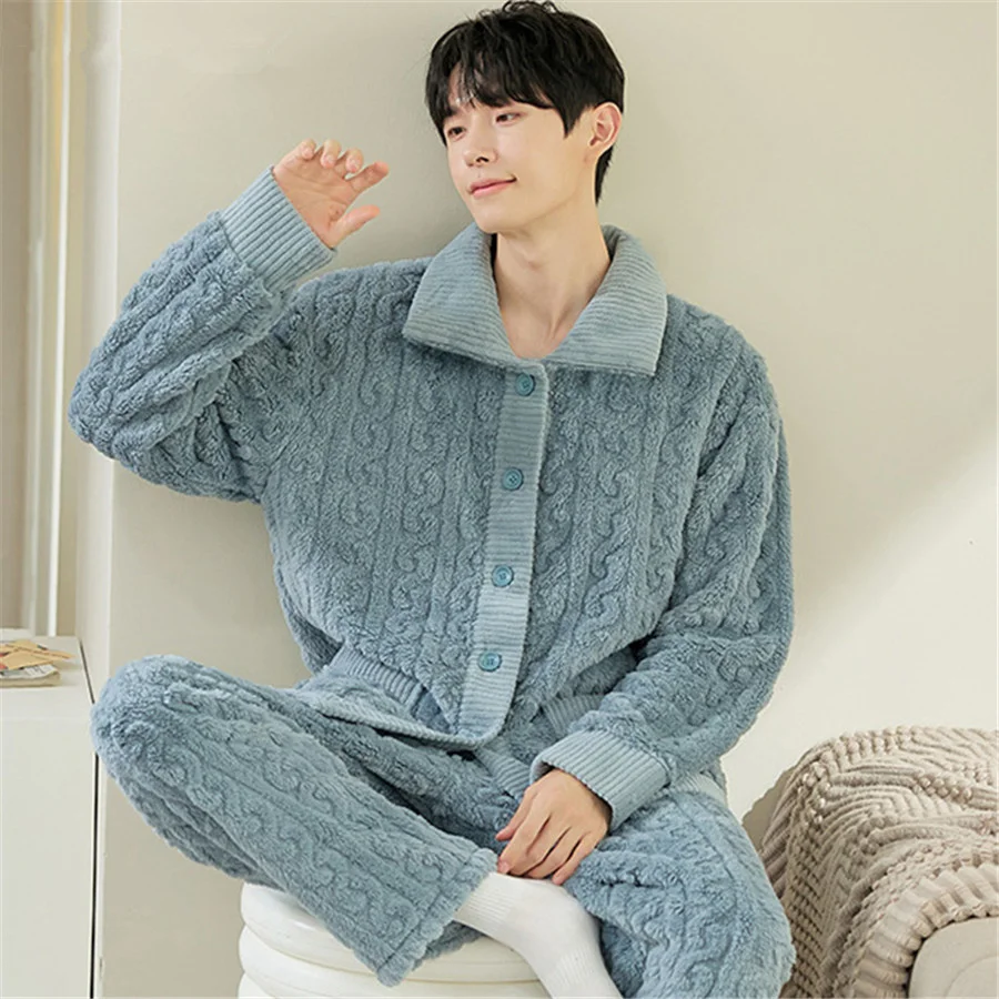 Men Warm Flannel Winter Pajamas Turn-down Collar Long Sleeve Homewear Two-piece Set Loose Comfortable Thick Sleepwear Nightwear