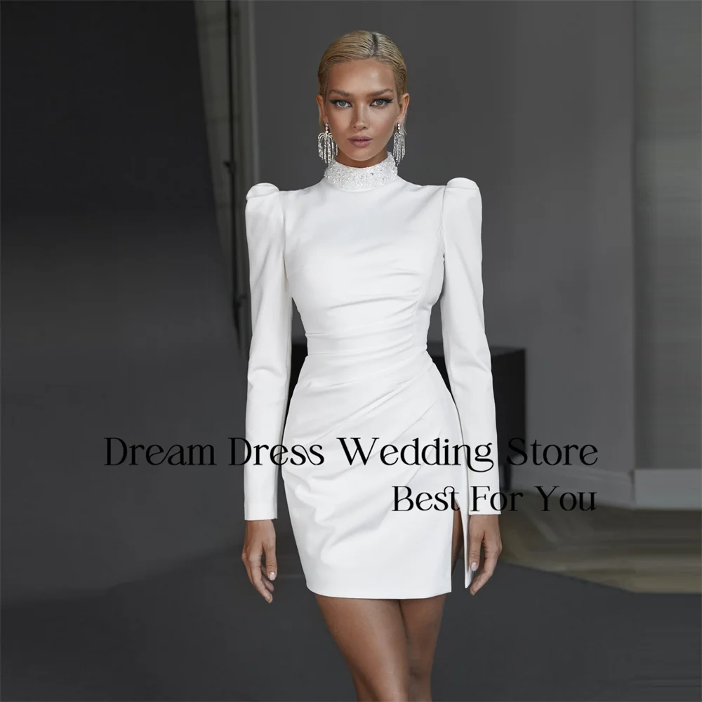 DREAM High Collar Sheath Short Wedding Dress Beading Pleat Long Sleeve Split Illusion Bridal Gown Vestido De Novia Customized
