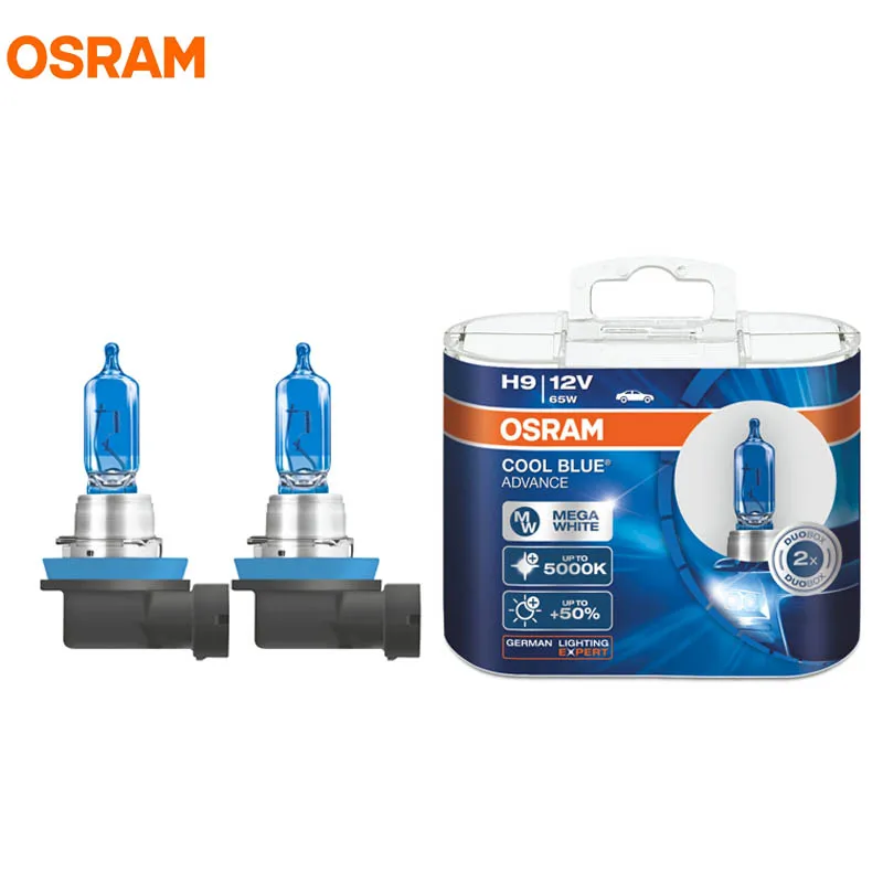 OSRAM H9 62213CBA Cool Blue Advance 12V 65W Hi/Lo Beam Halogen Bulbs Xenon Mega 5000K White Headlight 50% More Light Car Lamp,2X