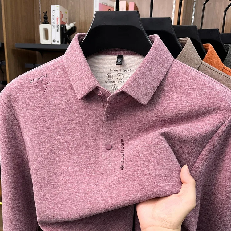 Light Luxury Velvet Long Sleeved Lapel T-shirt for Men, No Perm Dad Outfit, Thick Base Shirt, Polo Shirt Top