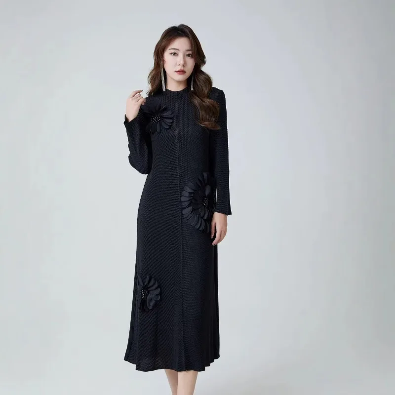 2025 Miyake Plissee-Kleid für Damen, dreidimensionale Perlenblumen, Übergröße, lässig, locker, elegant, langes Kleid, Naher Osten, Abschlussball