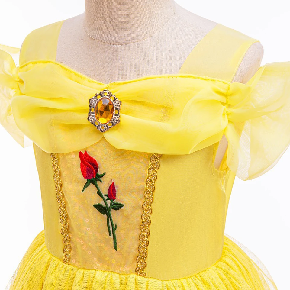 Rose Flower Belle Princess Dress for Girls Ball Gown Halloween Cosplay Carnival Party Children's Costume Christmas Kids Clothes