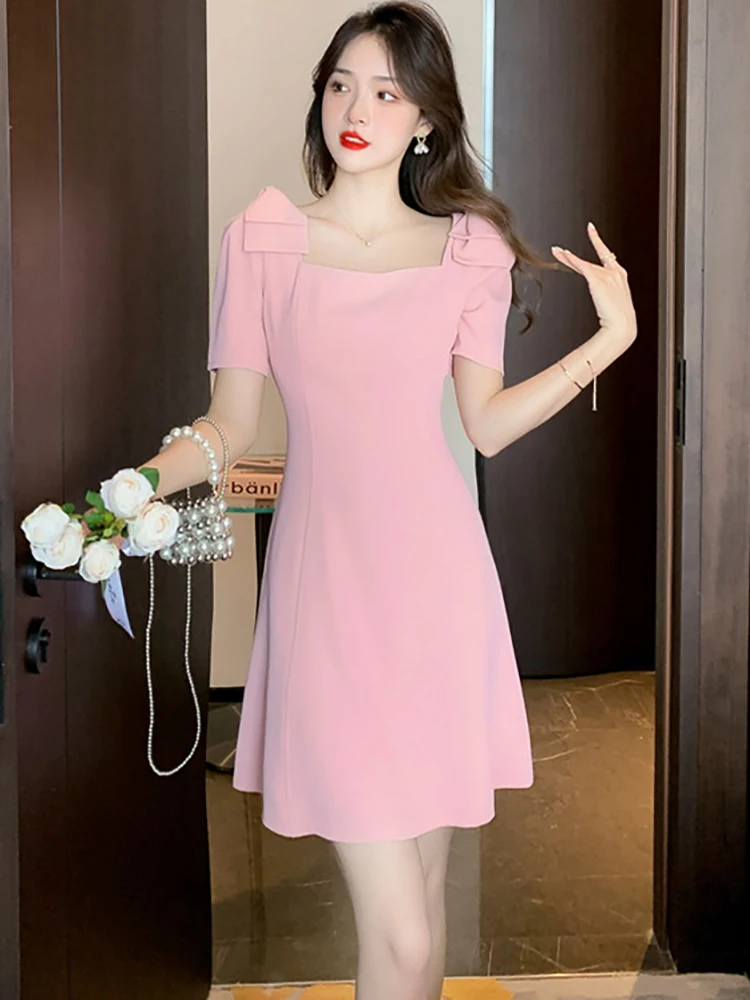 Summer Pink Bow Square Collar Sexy Club Mini Dress Women Fashion Elegant Party Dress 2024 Korean Bodycon Casual Evening Vestidos