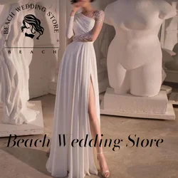 Beach Customized One Shoulder Wedding Dress 2024 Long Sleeves Pearls High Split Bride Dress A Line Simple Chiffon Bridal Gown