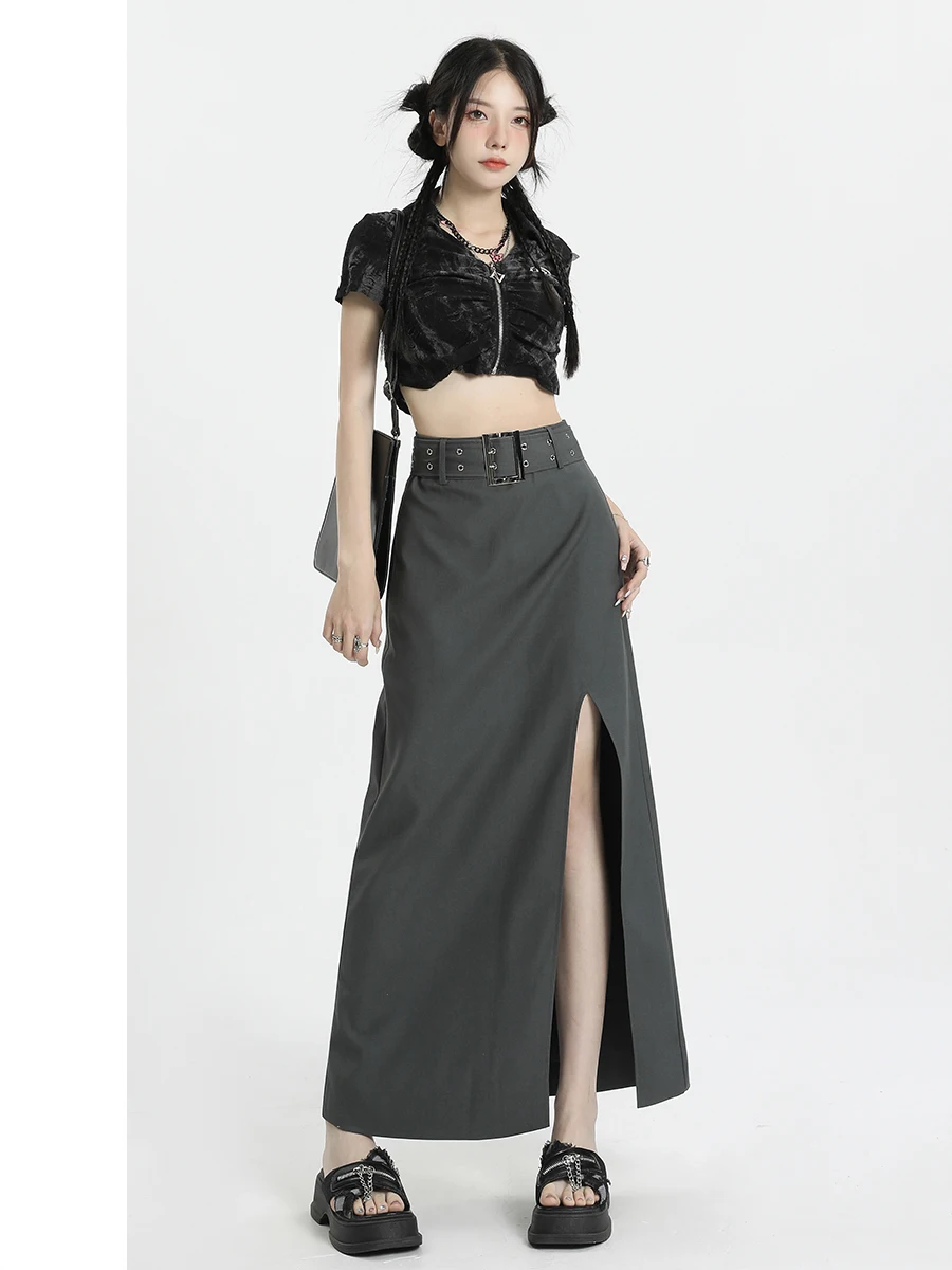 Gray Asymmetrical High Waist A-Line Midi Skirt Women's Belted Business Casual Summer New Style Elegant Korean Version Skirt