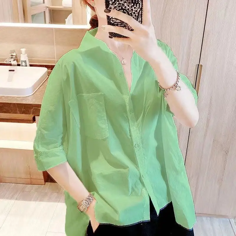 

Женская однотонная футболка без бирки бренда, летний дизайн, свободный крой, защита от солнца, хлопковая смесь, V-образный вырез, рукав 3/4