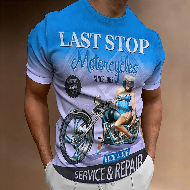 Motorcycle T-shirt Men 3D Car Print Short Sleeve Vintage Tops Street Ride Biker T Shirt  Male O-neck Oversized Tees Shirt