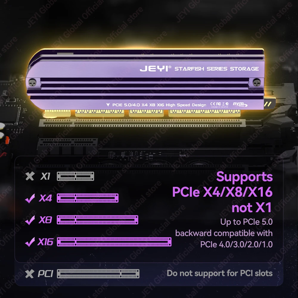 Adapter JEYI M.2 NVME na PCIe 5.0 4.0 z aluminiowym radiatorem SSD, karta rozszerzeń NVMe 128Gbps Gen4 PCIE X4 X8 X16 do komputerów stacjonarnych — zdjęcie 5